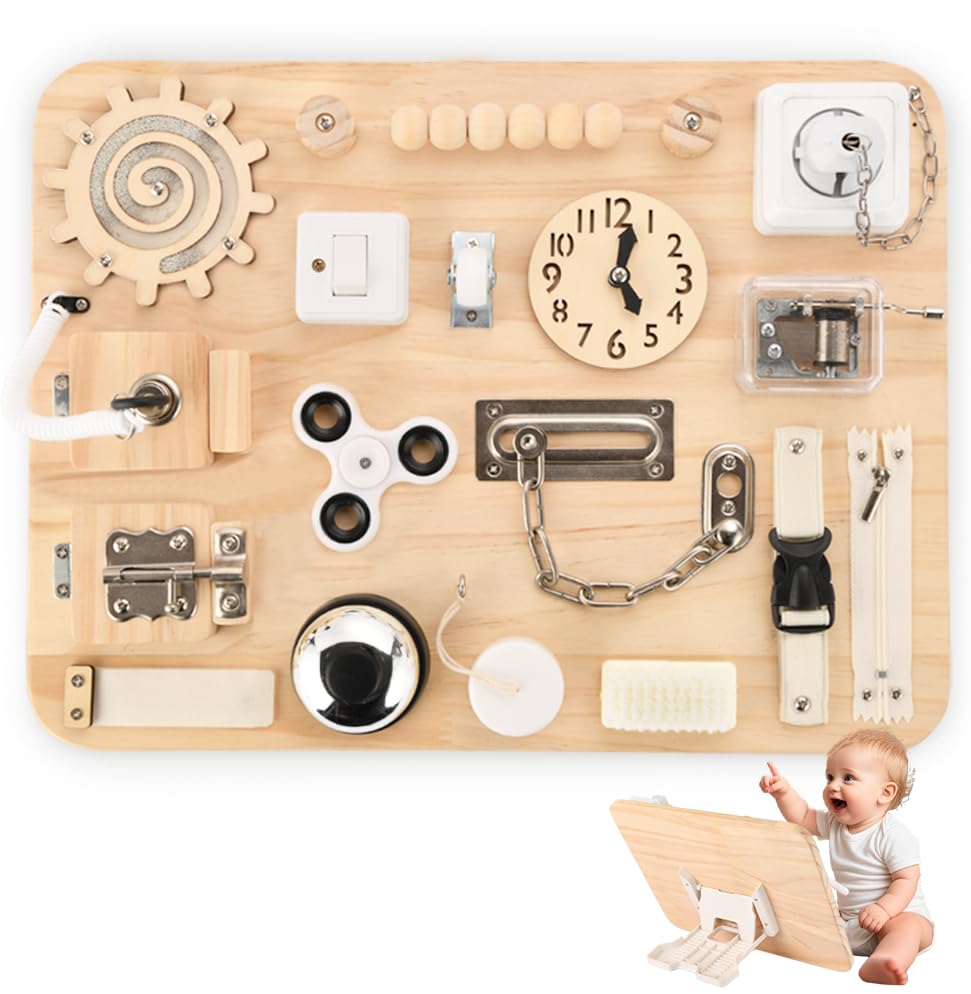 Potatomato wooden busy board with 17 activities for toddlers to explore fine motor skills.