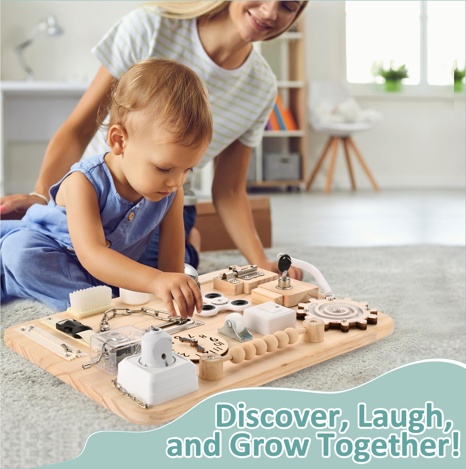 Potatomato wooden busy board designed for travel and durable play on the go.