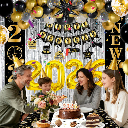 Pounira Happy New Year banner creates a stylish focal point for photos.