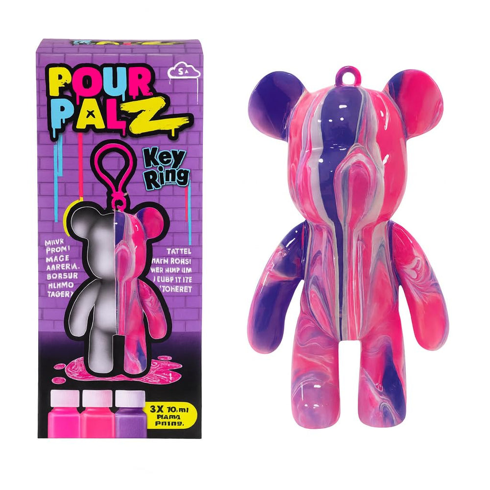 Pour Palz bear keychain with paint swirl adds a unique accessory to bags.