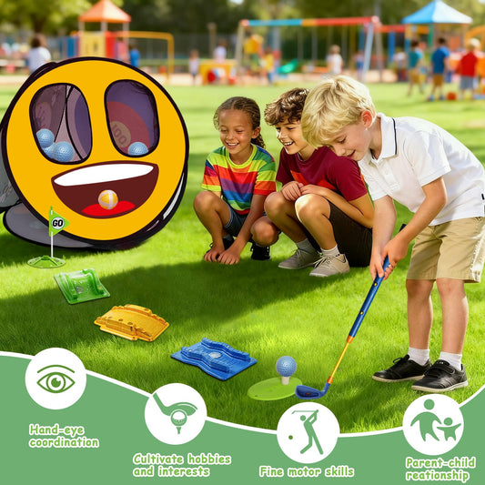 POWCAVA Kids Golf Set replaceable-head focus demonstrates durable head for continued play