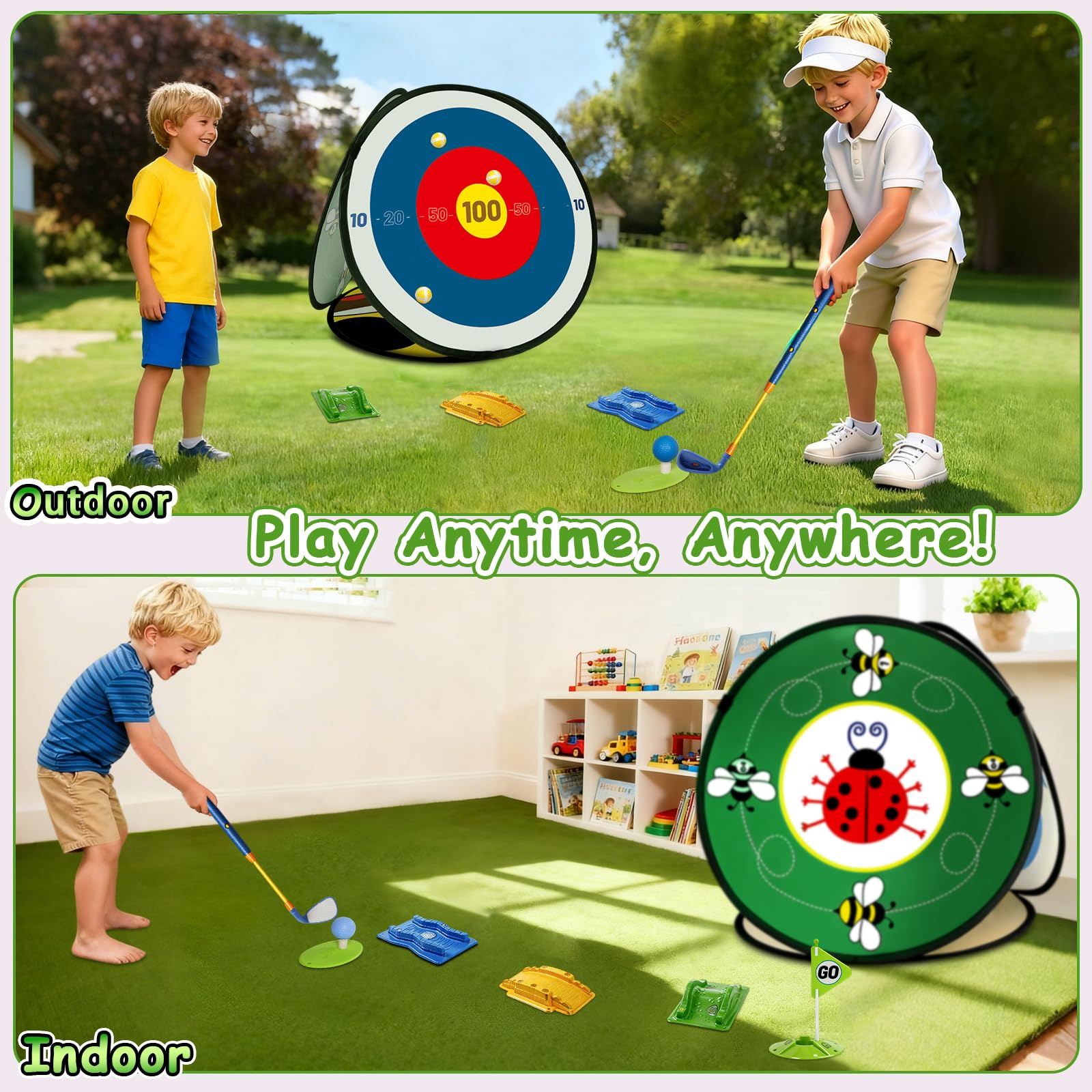 POWCAVA Kids Golf Set sticky-board focus highlights engaging target practice on four mats