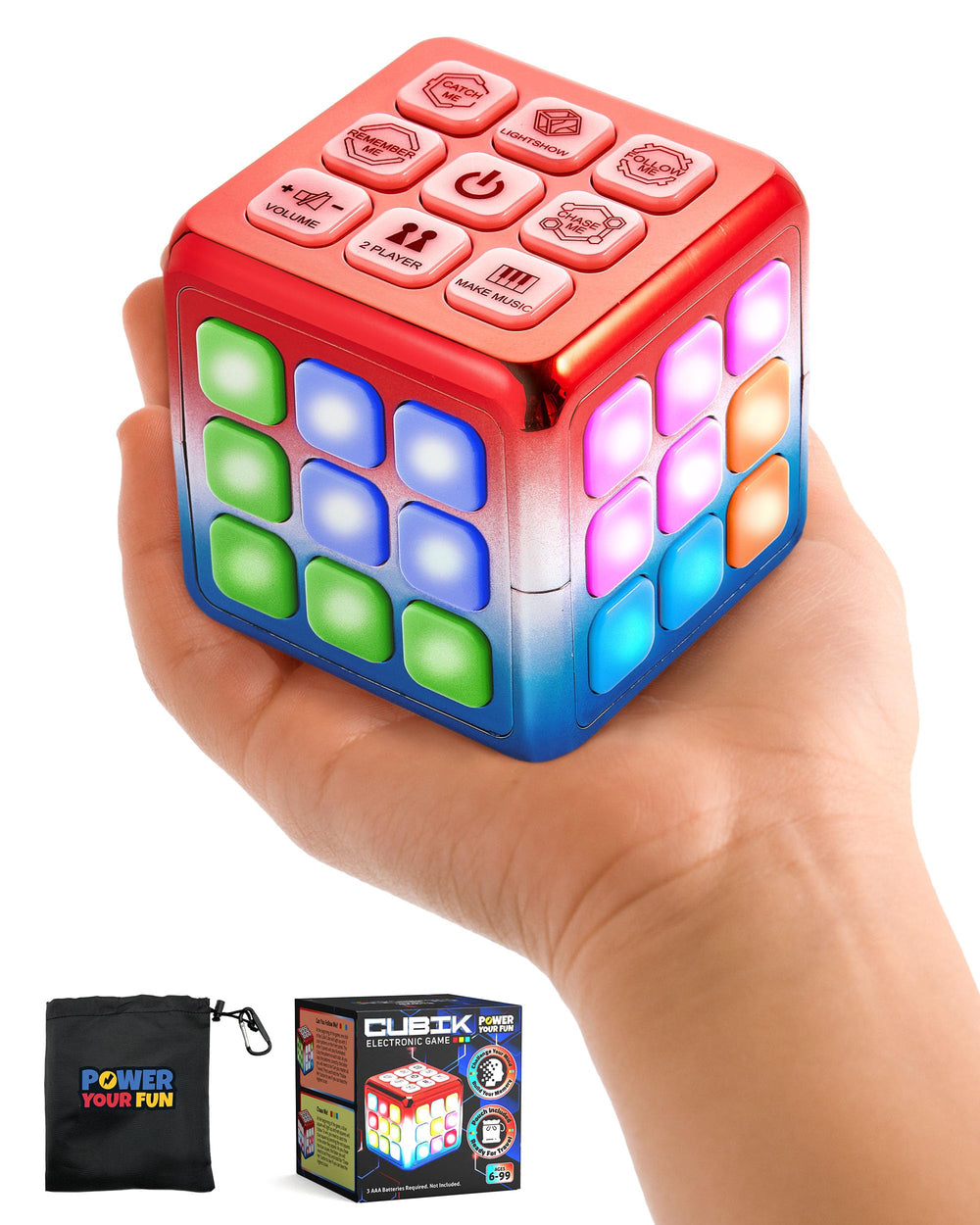 Power Your Fun Cubik cube front view with vivid LEDs for engaging memory play.