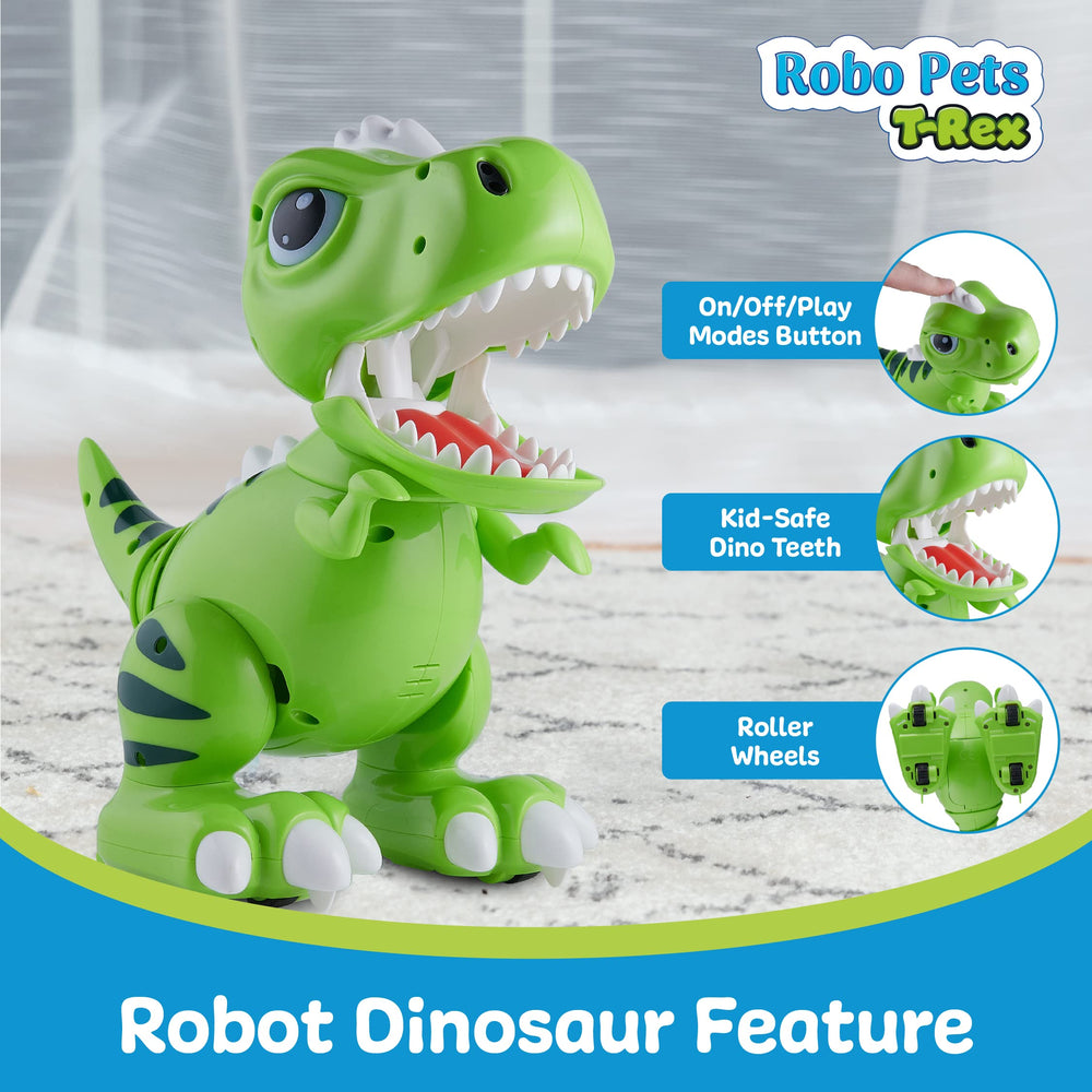 Power Your Fun Robo Pets T-Rex feed mode using food cards for pretend meals.