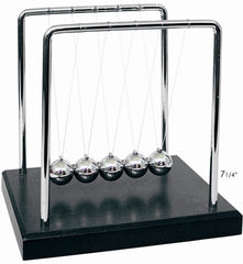 PowerTRC Newtons Cradle balance balls on a desk demonstrating momentum transfer and focus