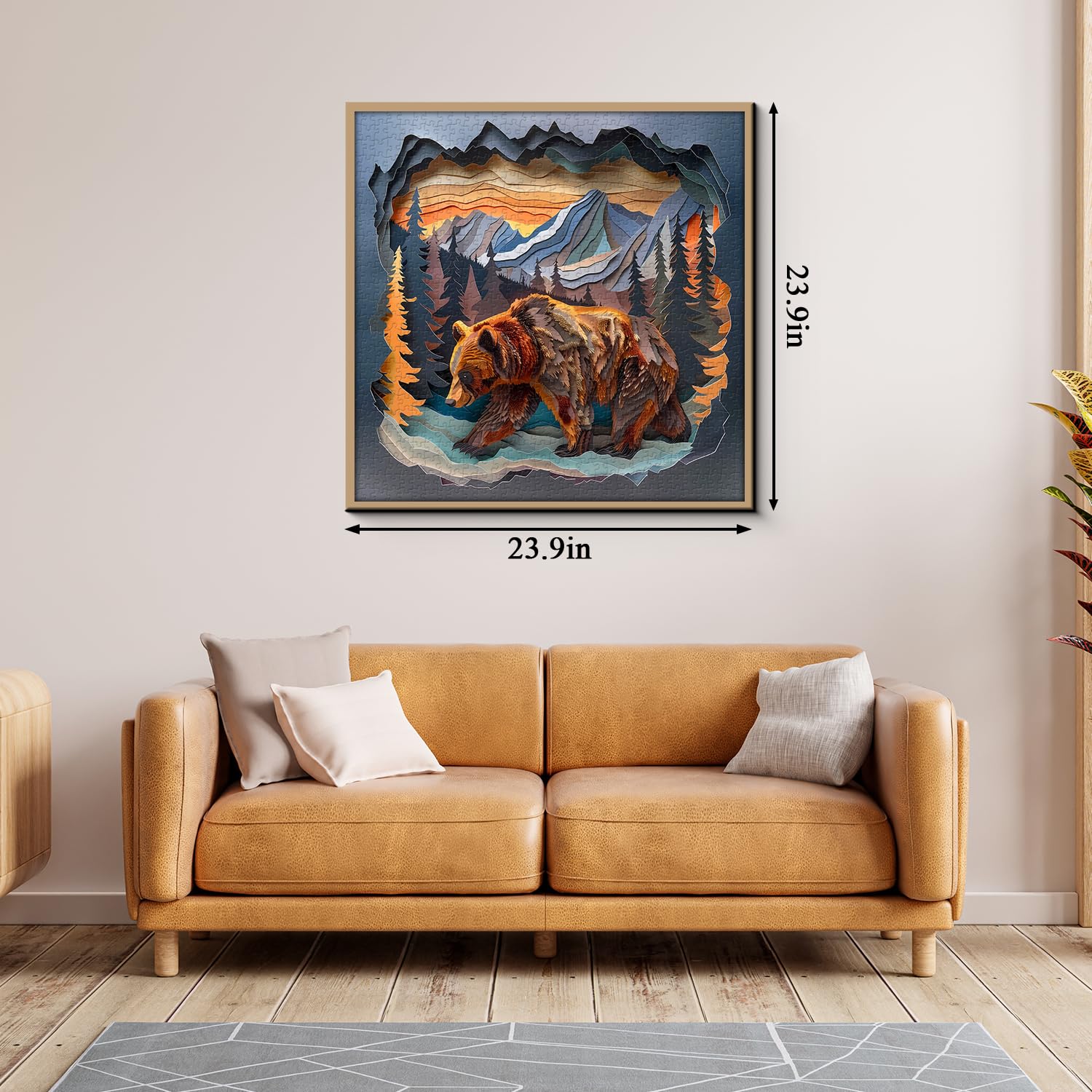 PPuzzling brown bear puzzle depicts a bear walking in a pine valley at sunset.