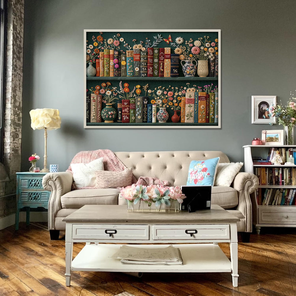 PPuzzling embroidered flowers on books add tactile floral detail