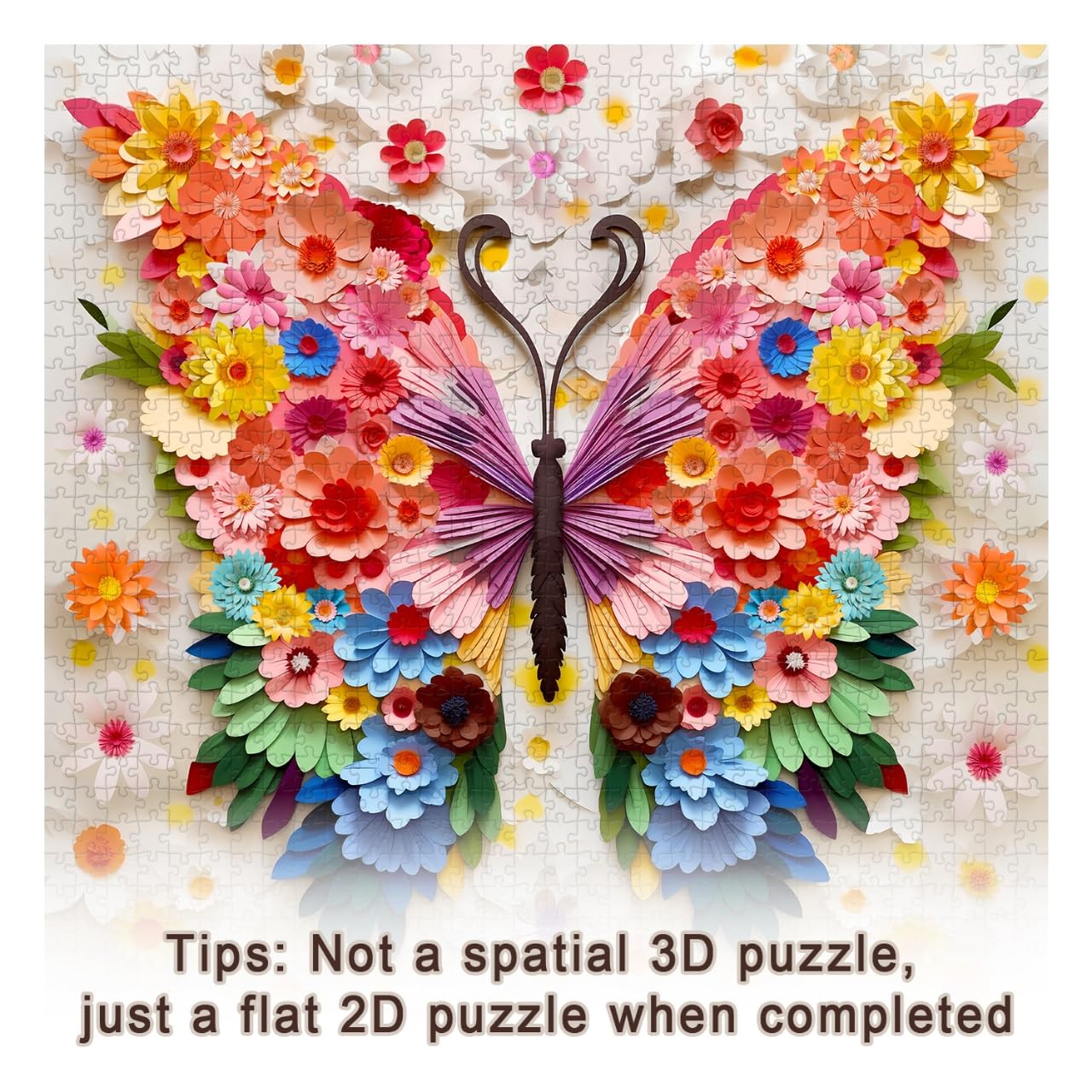 PPuzzling colorful flower-butterflies surface close-up highlights vivid petals and printing.
