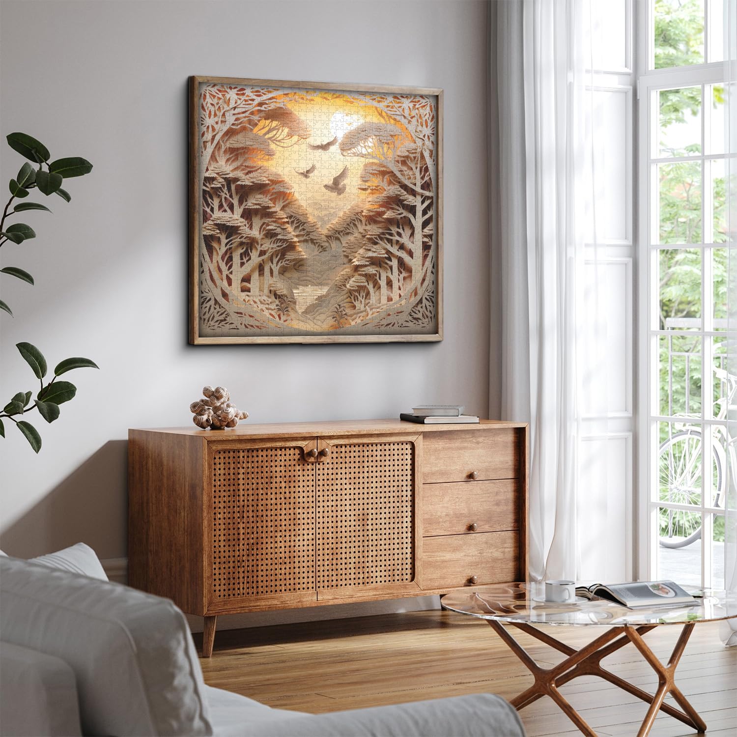 PPuzzling forest sunset 3D visual effect enhances immersive puzzle-solving experience.