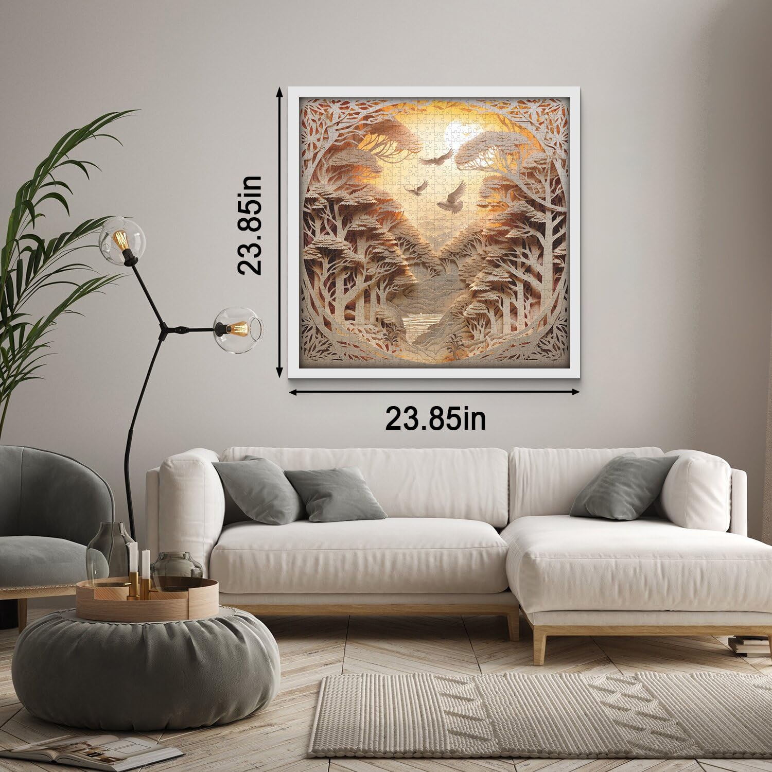 PPuzzling forest sunset wall decor presents a layered paper-cut artwork after completion.