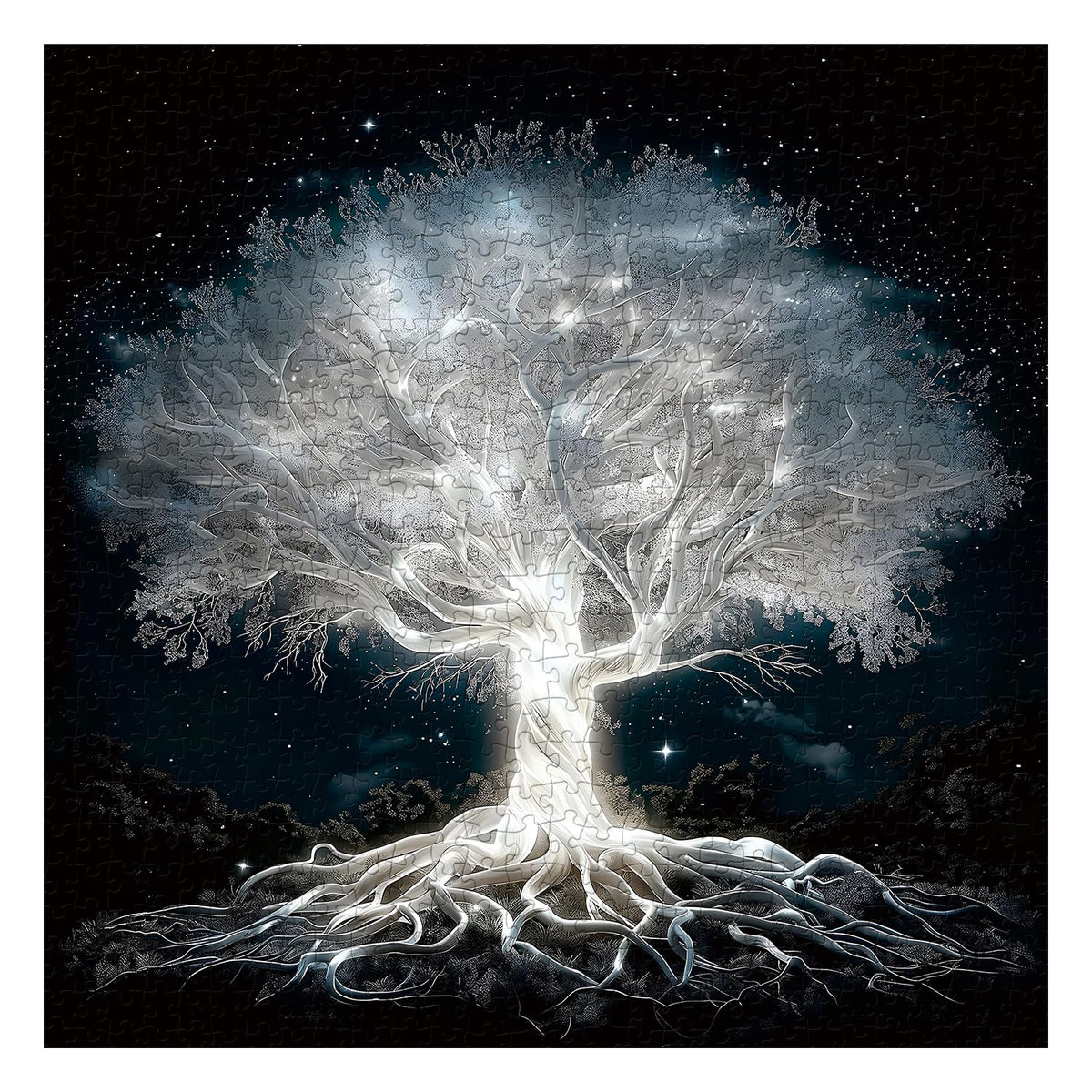 PPuzzling Glowing Tree of Life puzzle box with poster reference aids solving.