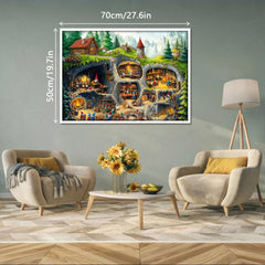 PPuzzling Gnome fireplaces glow across the scene for cozy, atmospheric play.