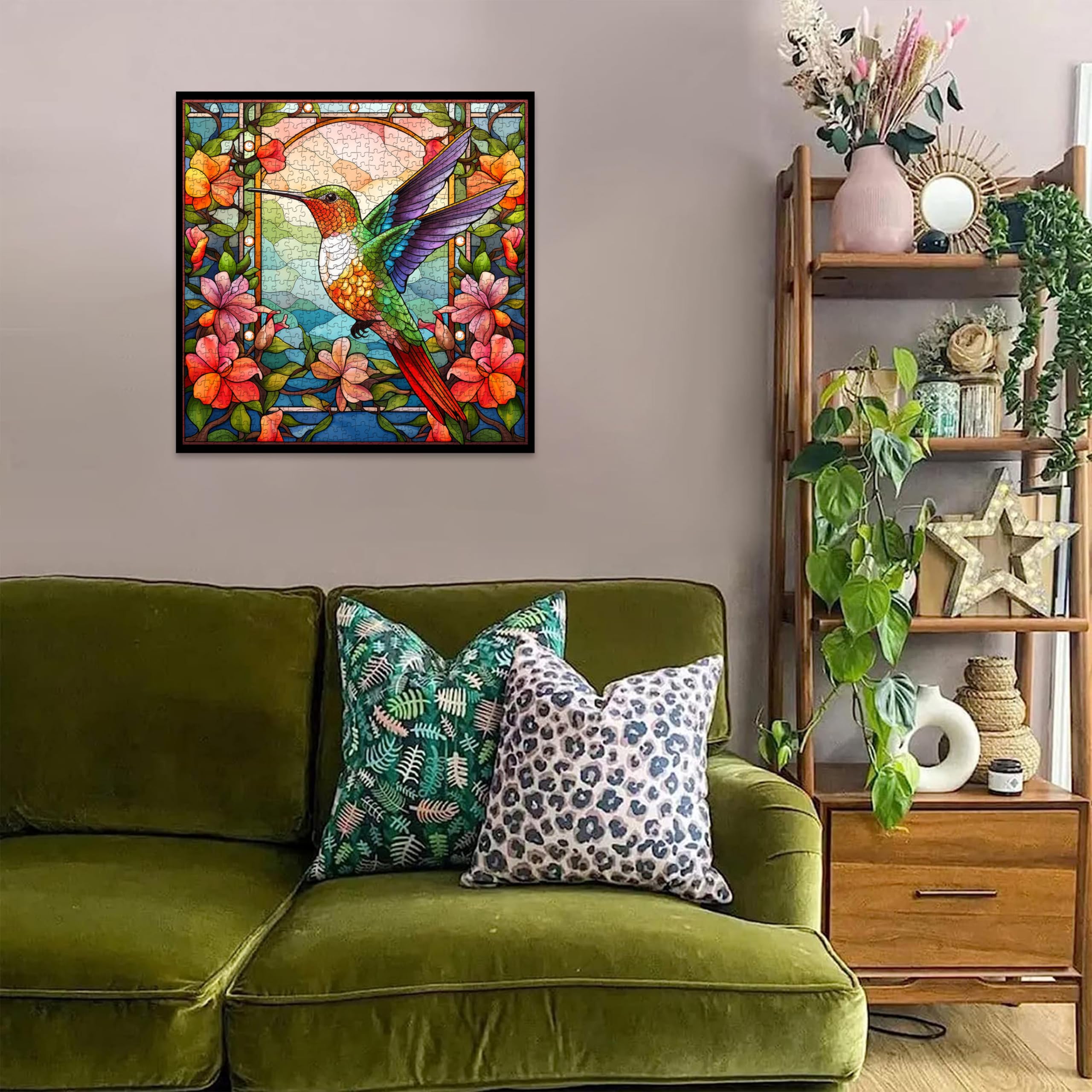 PPuzzling hummingbird finished puzzle displayed as wall art for bright decor