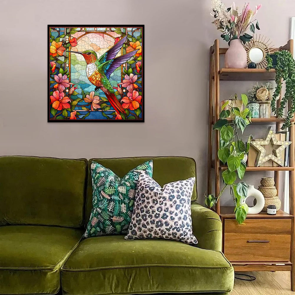 PPuzzling hummingbird finished puzzle displayed as wall art for bright decor
