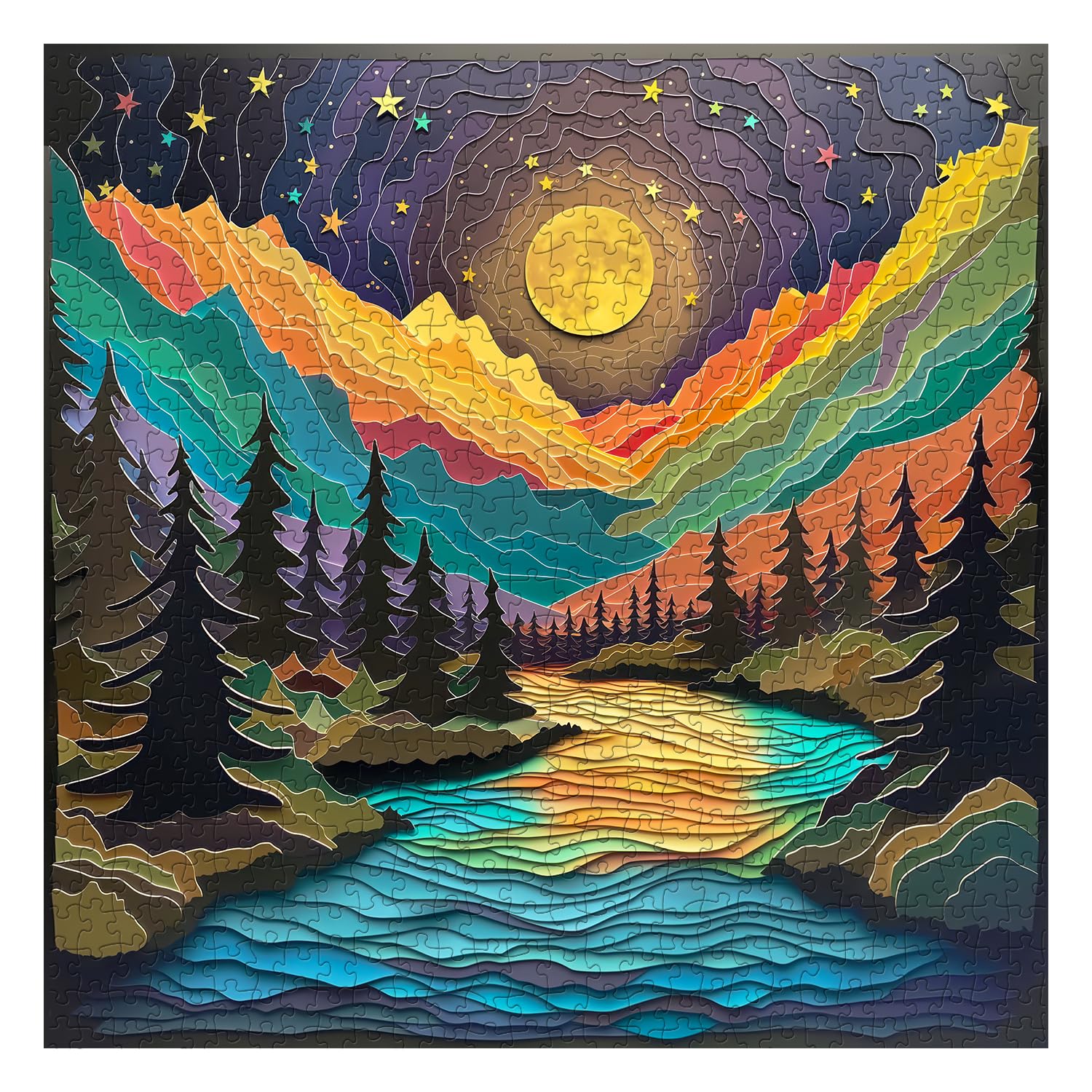 PPuzzling Magic Starry Night puzzle shows a dreamy starry sky over mountains for calm focus