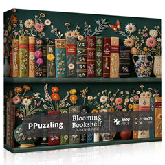 PPuzzling vintage floral book scene with blooming flowers on shelves