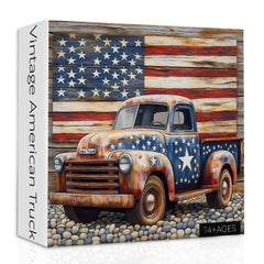 PPuzzling Vintage USA Flag Puzzle highlights a distressed flag on a classic truck.