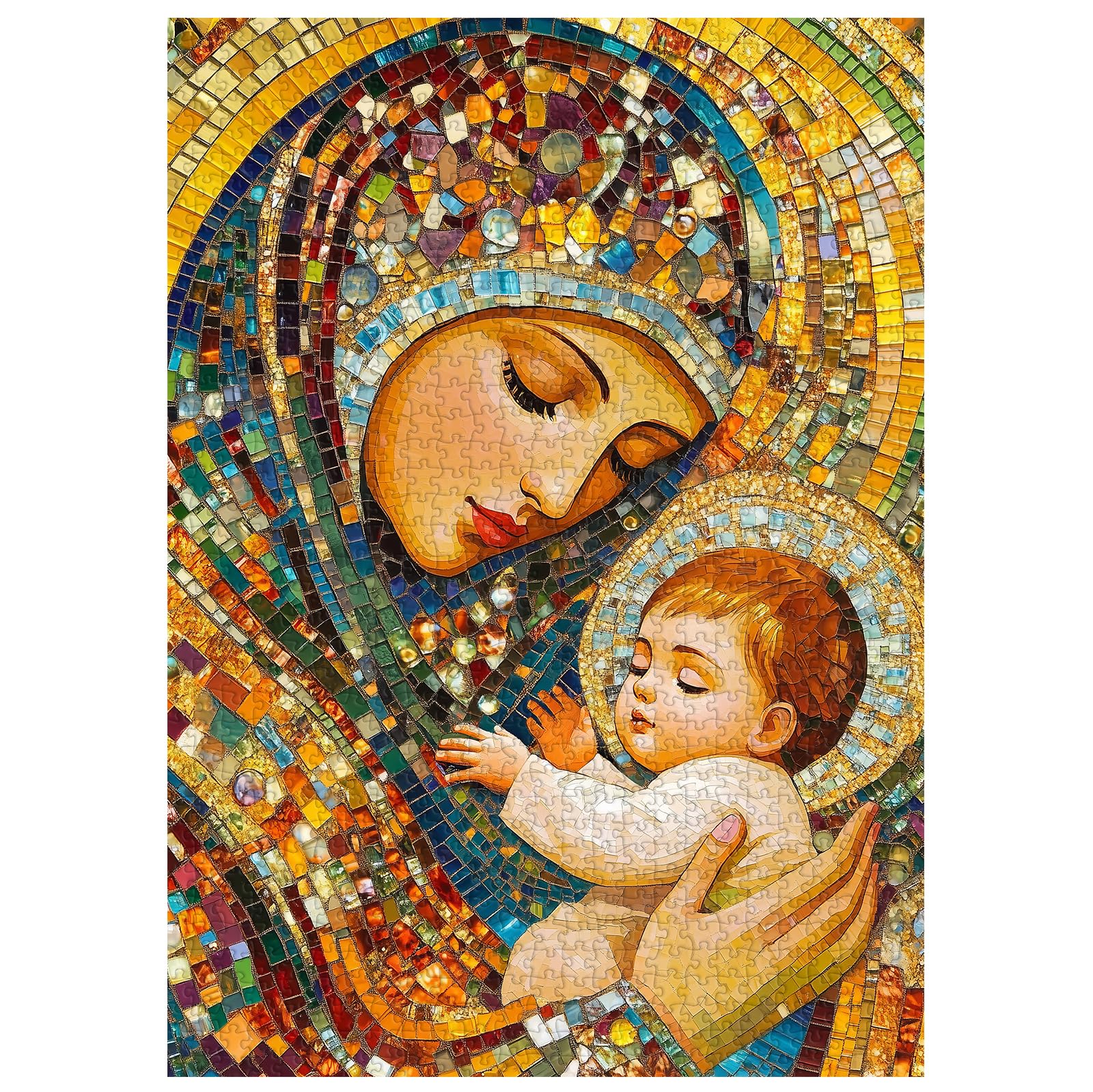 PPuzzling Virgin Mary mosaic detail highlighting intricate tile patterns for careful viewing