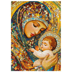 PPuzzling Virgin Mary mosaic detail highlighting intricate tile patterns for careful viewing