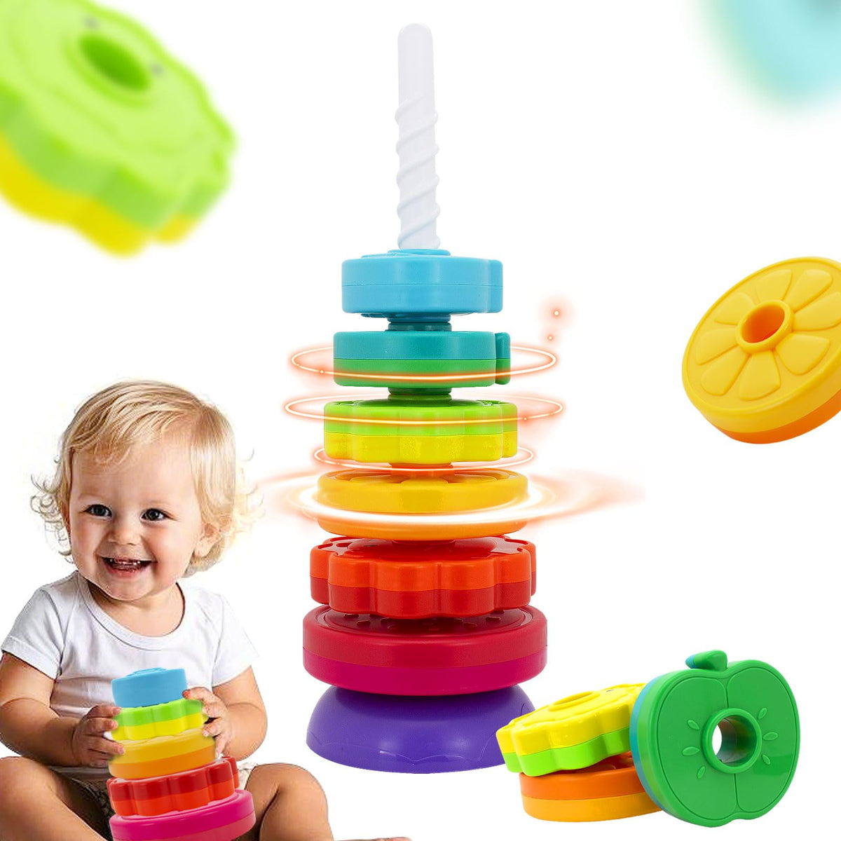 PracticeJQDEN Montessori stackable discs in bright colors for early learning.