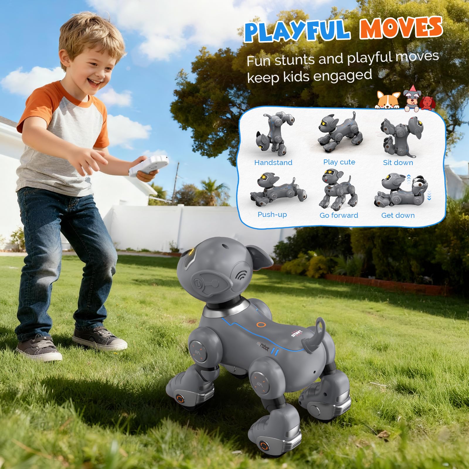PRANITE Robot Dog in follow mode shows responsive, lifelike movement during outdoor play.