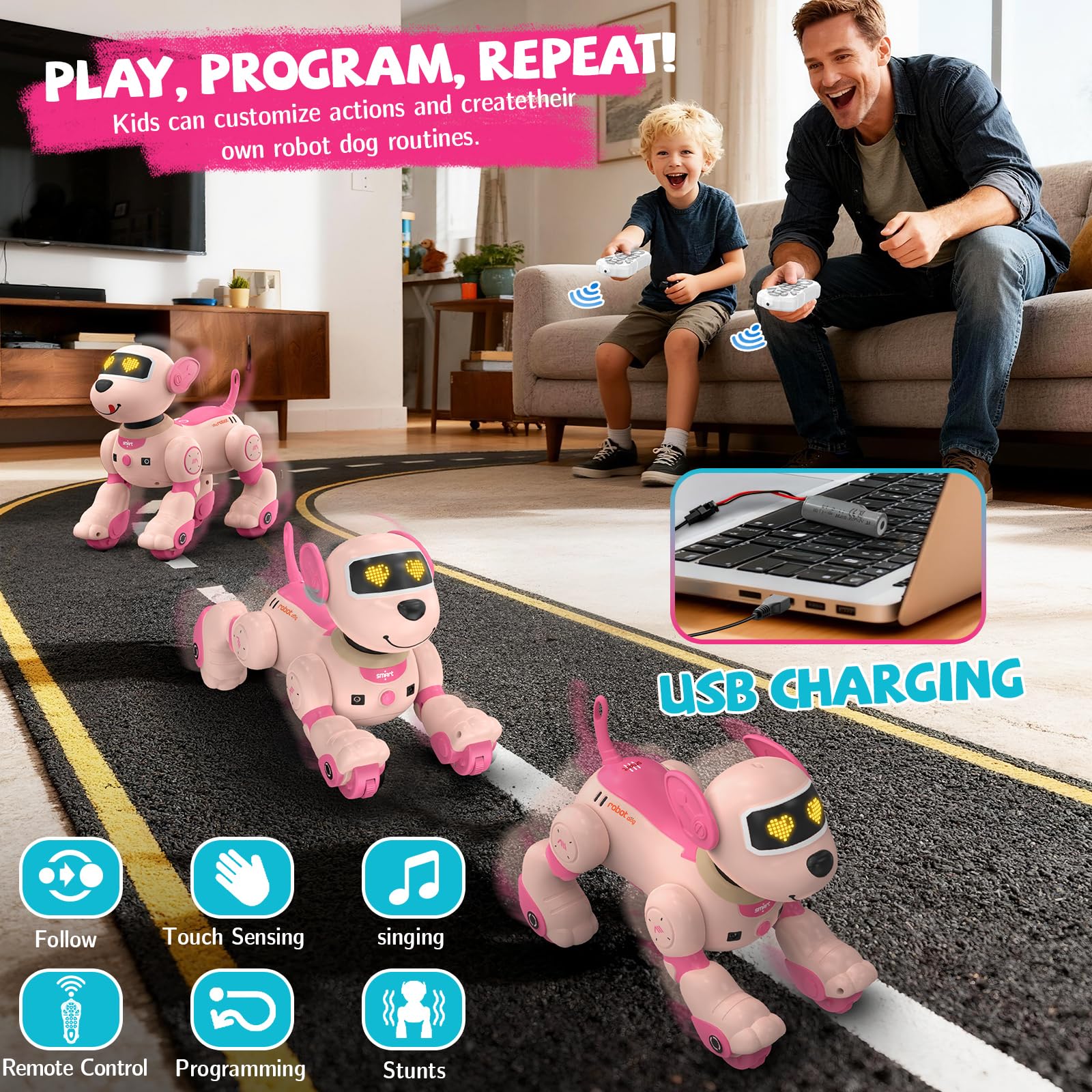 PRANITE Robot Dog Toy programmed to create sequences, boosting creative thinking during play.