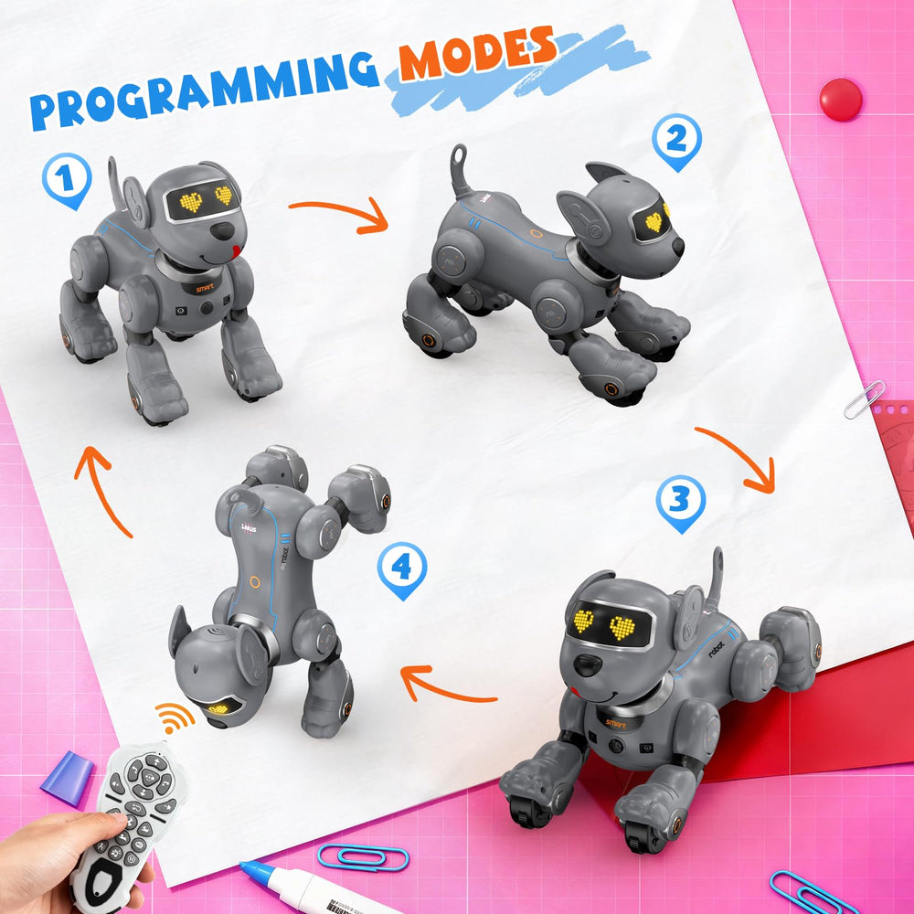 PRANITE Robot Dog performing tricks like sit, handstand, and dance in various settings.