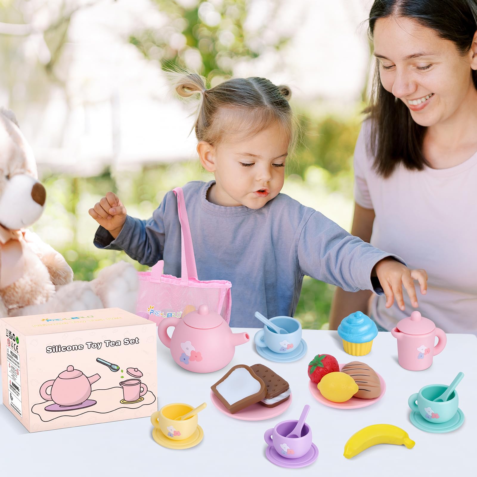 PRE-WORLD silicone tea set carrying bag keeps toys organized for on-the-go play.