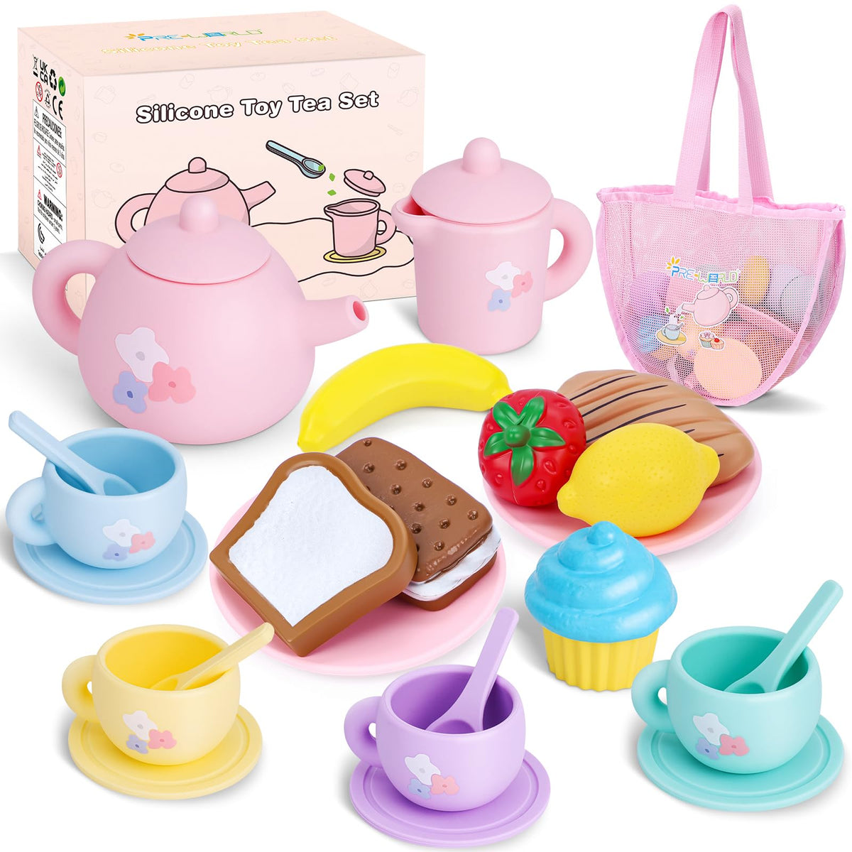 PRE-WORLD silicone tea set teapot for imaginative tea parties and safe, durable play.