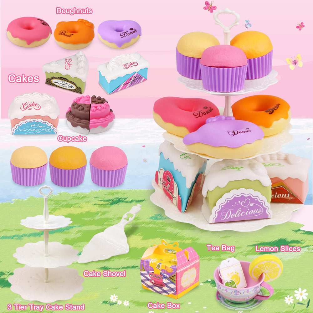 PRE-WORLD plates showcase dessert samples for pretend tea party menus.