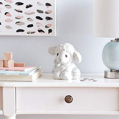 Precious Moments Heaven’s Blessing Lamb Piggy Bank in a nursery scene beside plush toys.