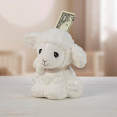 Precious Moments Heaven’s Blessing Lamb Piggy Bank top view highlights glazed ceramic craftsmanship.