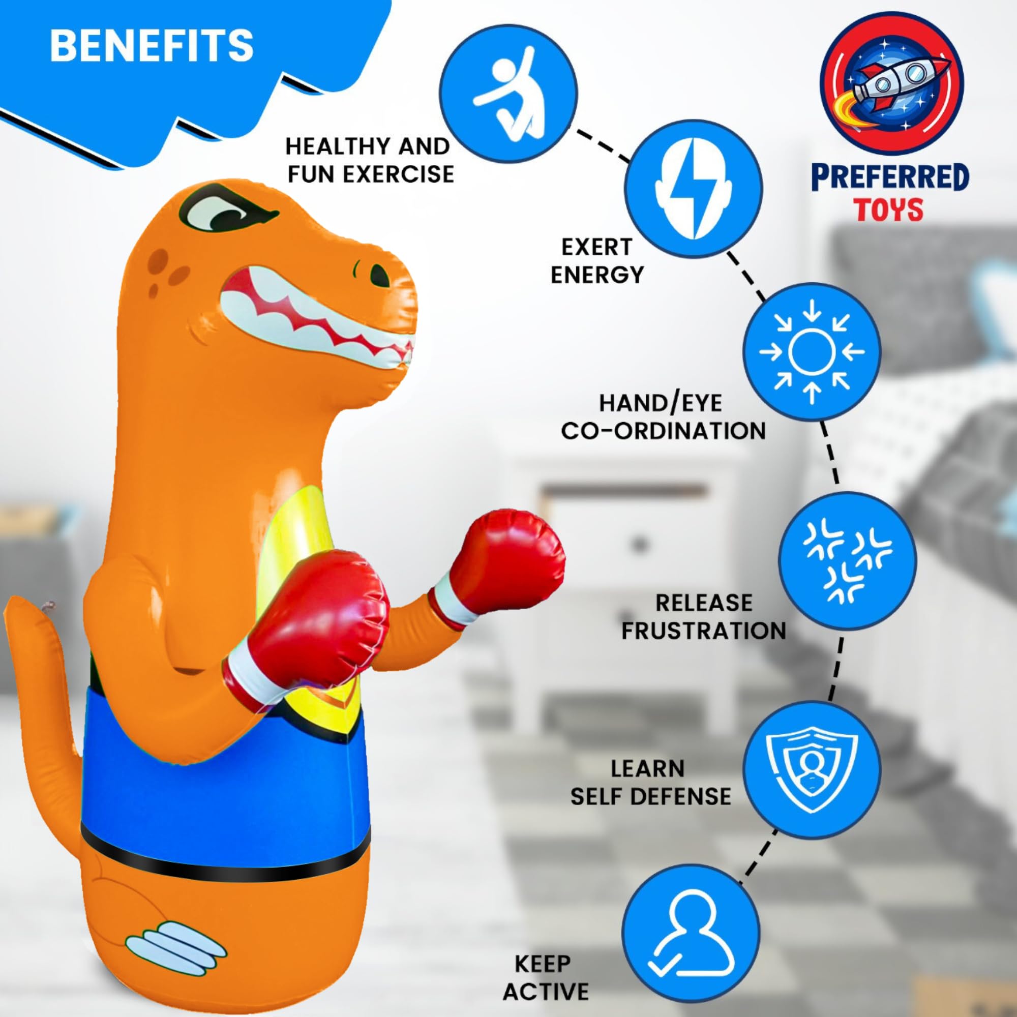  Preferred Toys Dino Punching Bag made of durable vinyl for long-lasting kid-friendly use