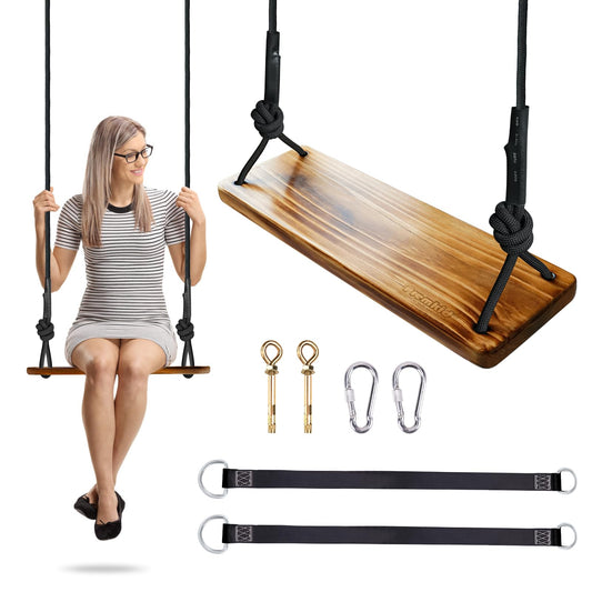 Premkid carbonized wooden swing seat for outdoor fun and durability.