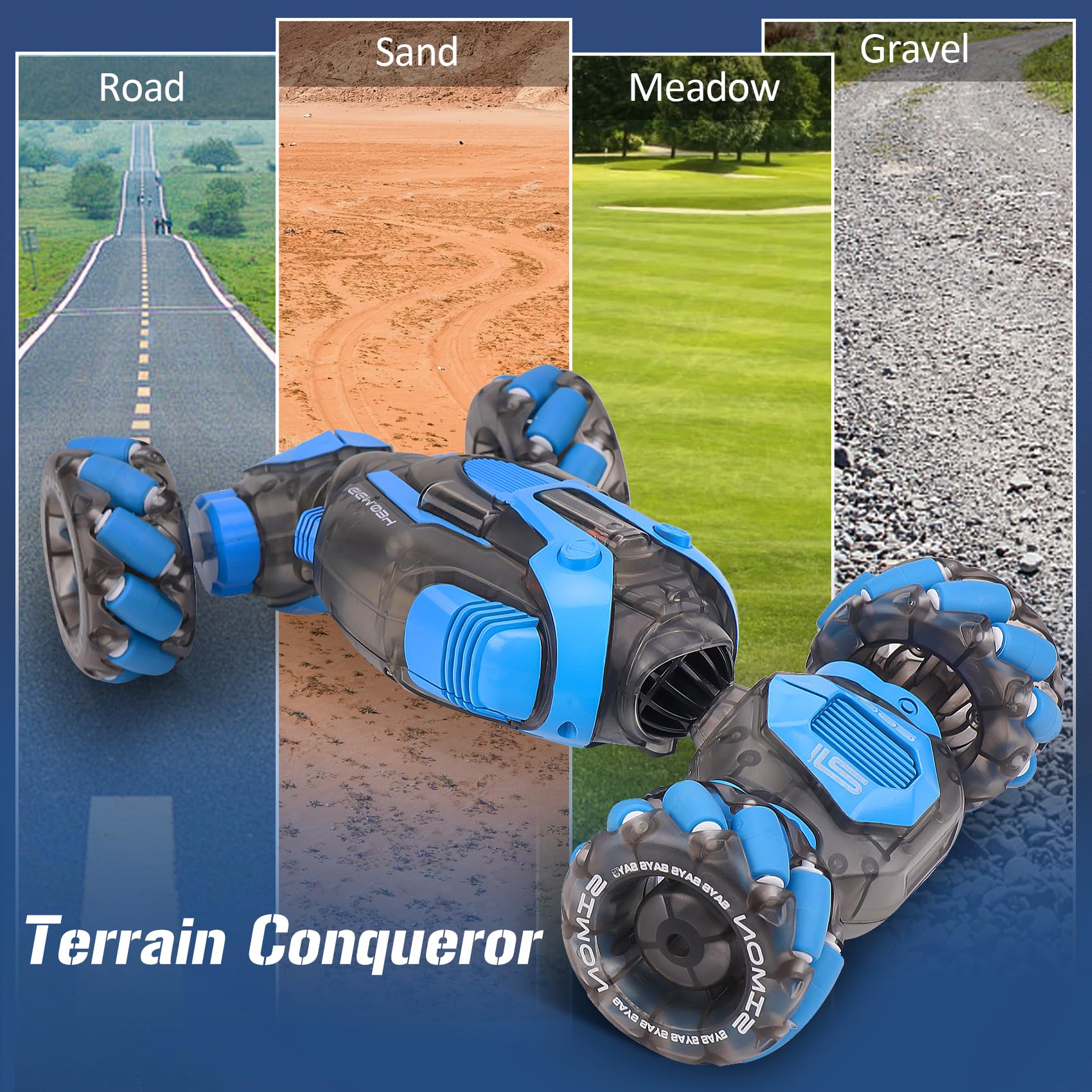 PREPOP 4WD car with mecanum wheels on varied surfaces