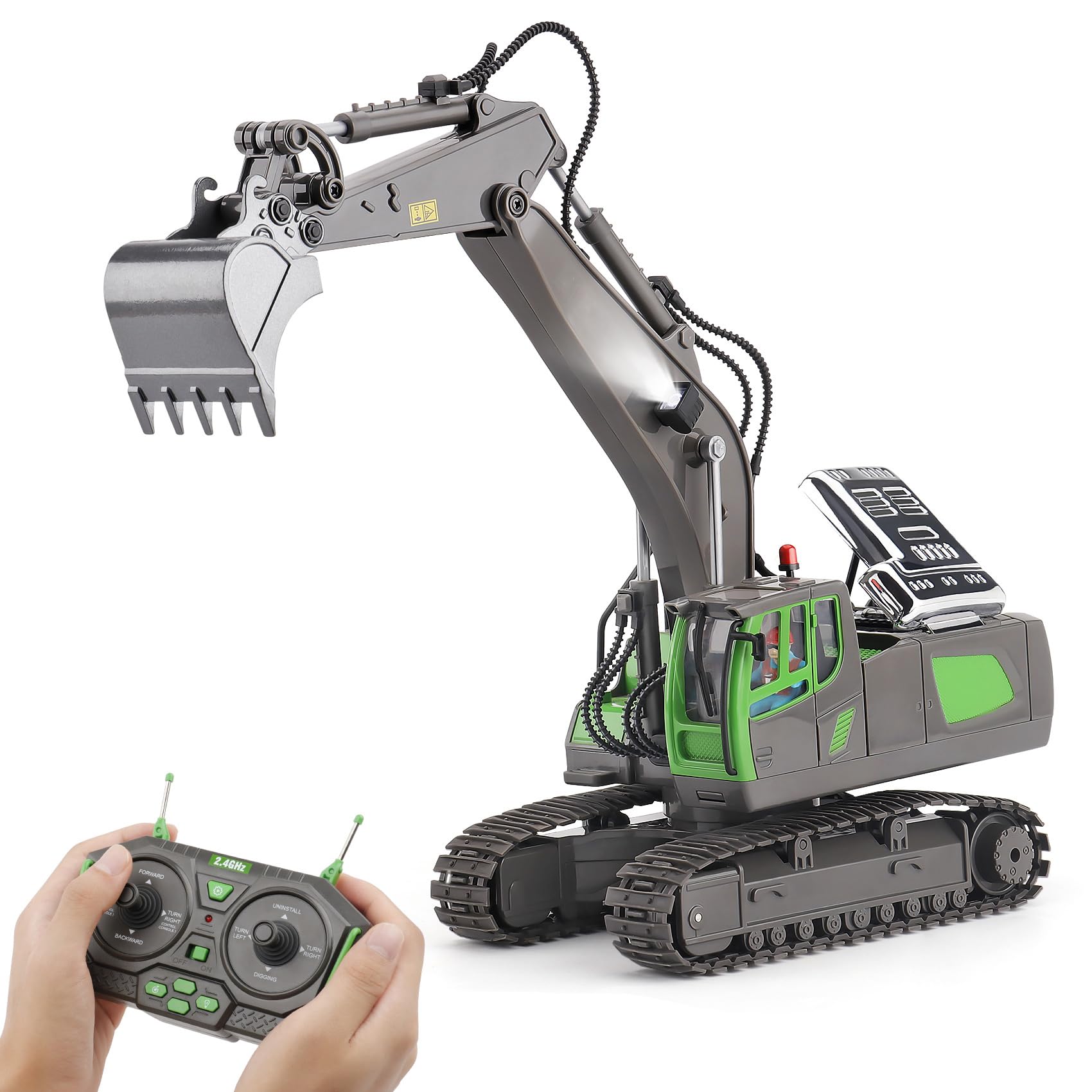 The PREPOP remote control excavator toy in action, showing precise digging and lifting.