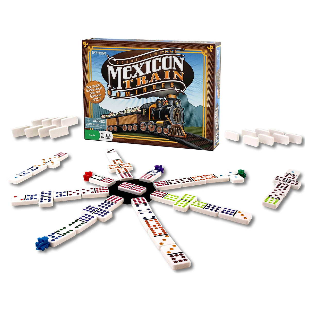 Pressman Mexican Train Dominoes with colorful double-12 pieces for family game night.