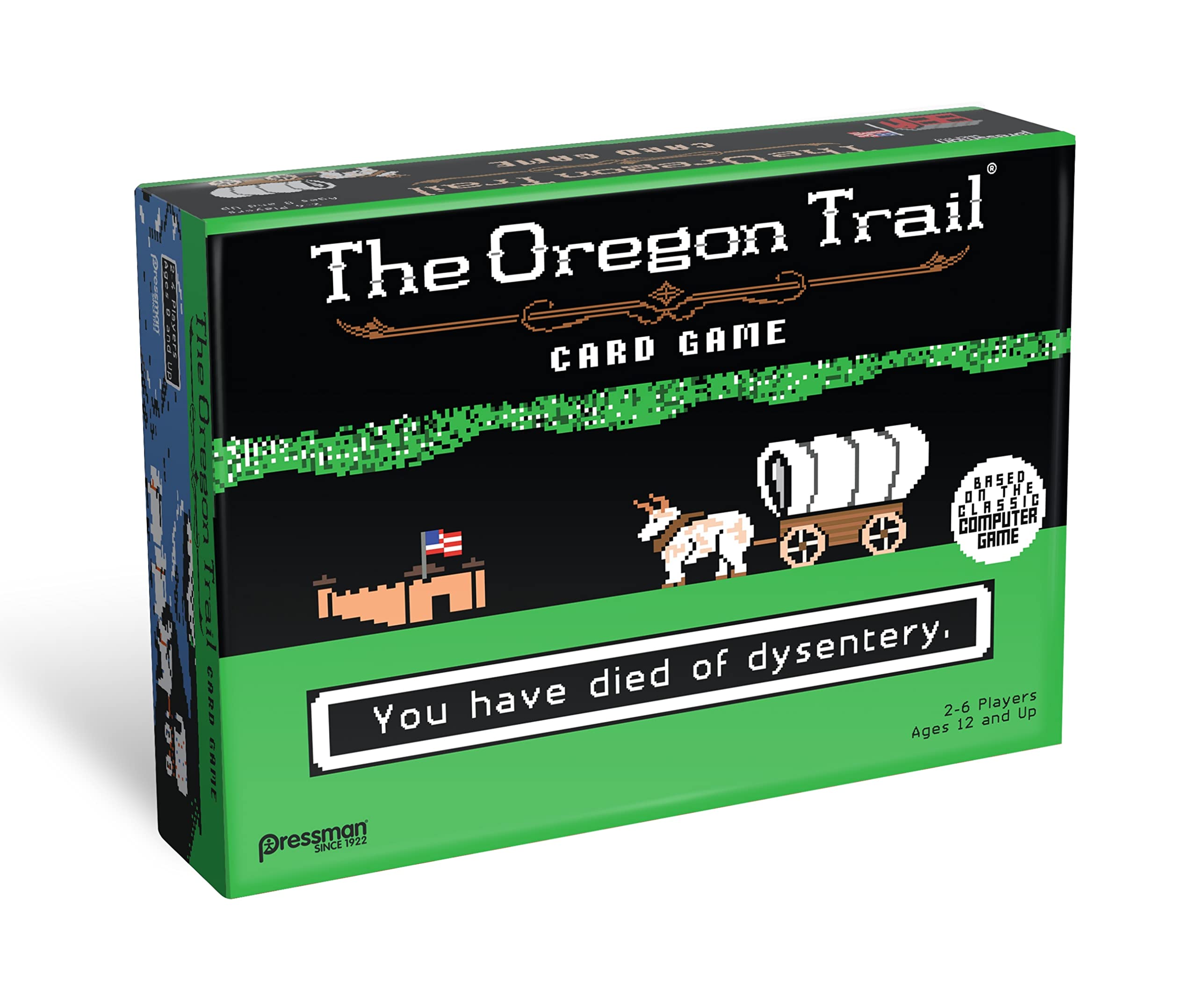 Pressman Oregon Trail Card Game artwork showcases retro 8-bit style for fans.