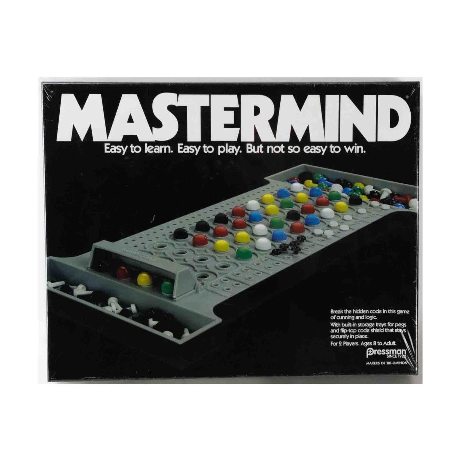 Pressman Retro Mastermind game board and color pegs for family-friendly puzzle fun.