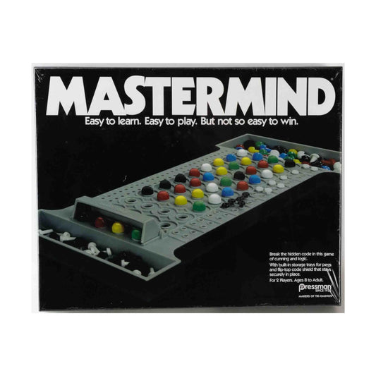 Pressman Retro Mastermind game board and color pegs for family-friendly puzzle fun.