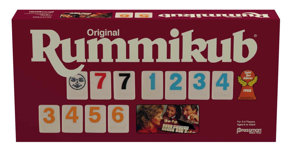 Pressman Rummikub tiles with bright inset numbers for easy viewing during family play.