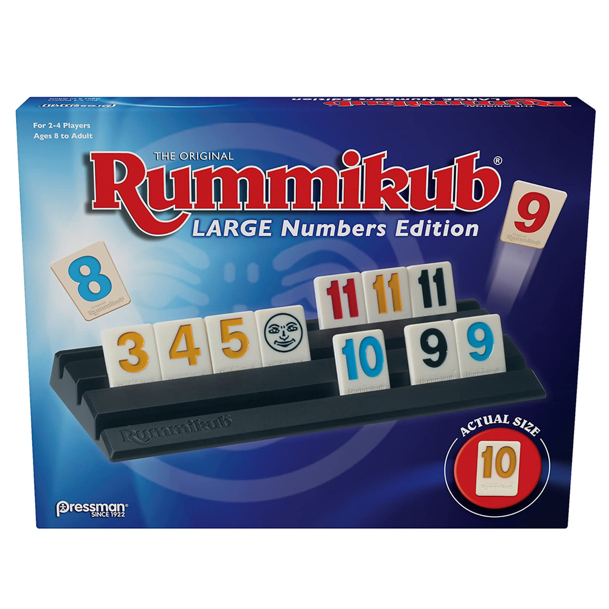 Pressman Rummikub Large Numbers Edition blue tiles with oversized numerals for easy viewing.