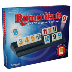 Pressman Rummikub Large Numbers Edition game board shows player layouts for quick planning.