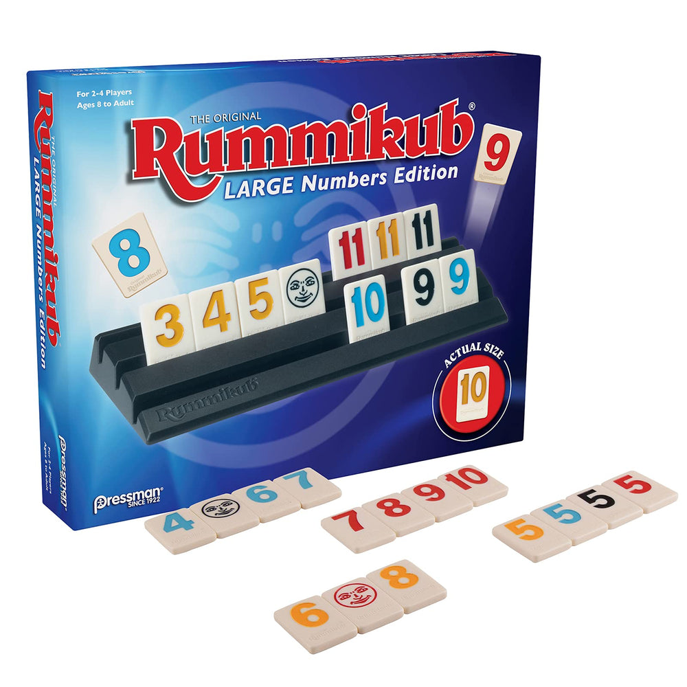 Pressman Rummikub Large Numbers Edition tile racks keeping tiles organized during play.