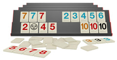 Pressman Rummikub Premium Edition storage bag keeps tiles and racks organized.