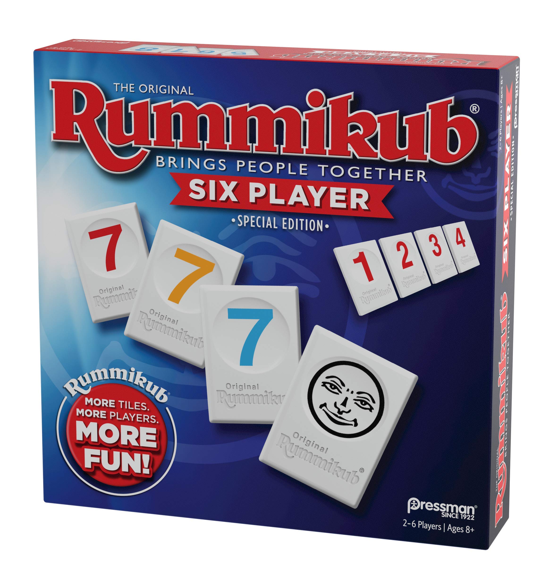 Pressman Rummikub Six-Player Edition blue-box storage keeps tiles organized after play.