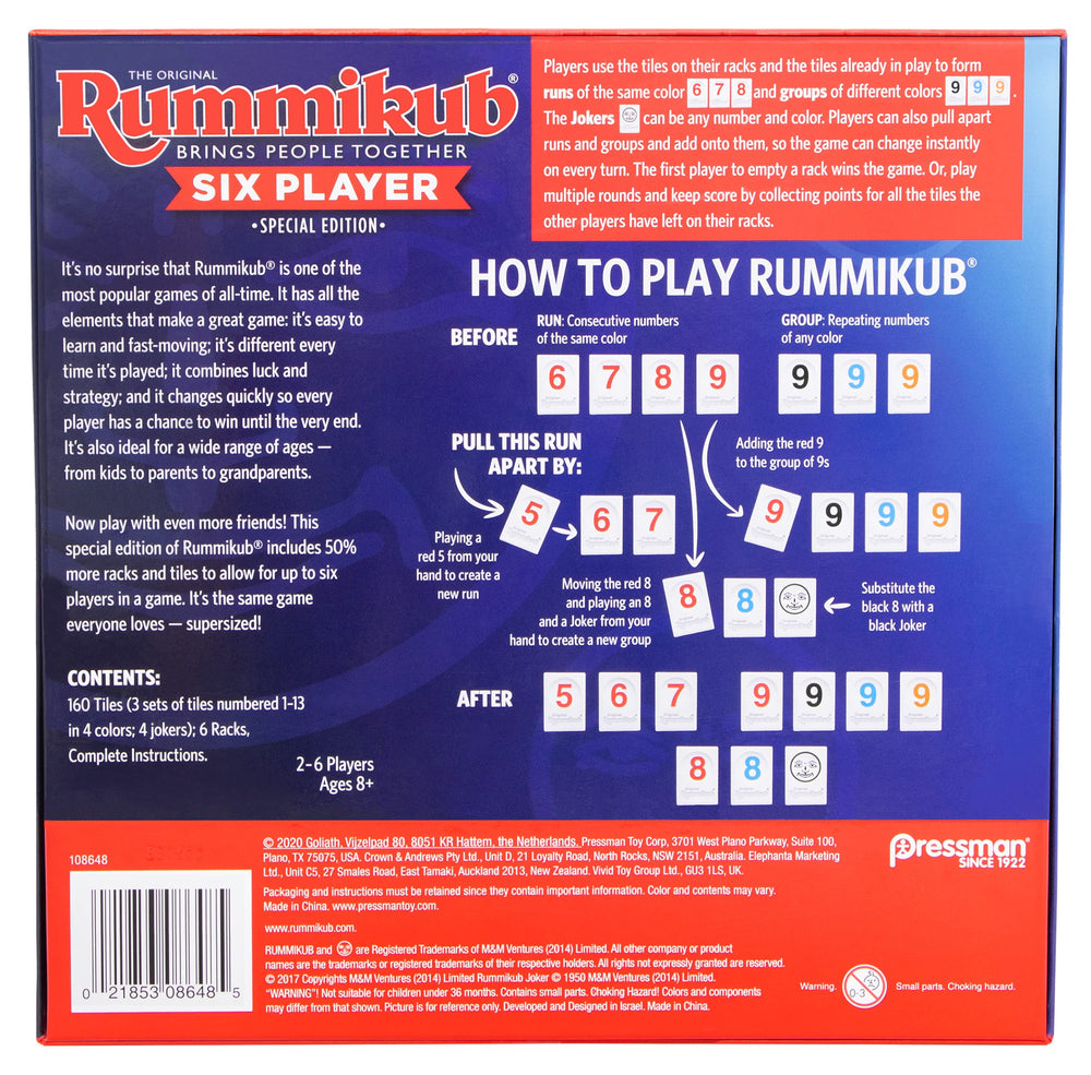 Pressman Rummikub Six-Player Edition in-action capture lively family game night.