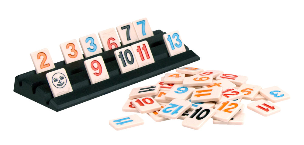 Pressman Rummikub tile-holder racks keep tiles organized for smooth turns.