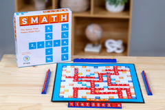 Players around a Pressman SMATH board crafting crossword-style equations.