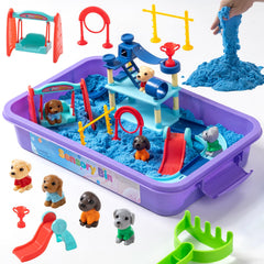 PreTrans Pet Track Set open lid shows organized sensory sand for outdoor play.